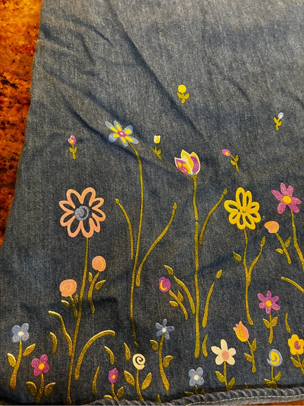ZOEY Denim Floral Embroidered Girls' Sundress - Blue with Yellow Trim, Size: 7 - Picture 10 of 11